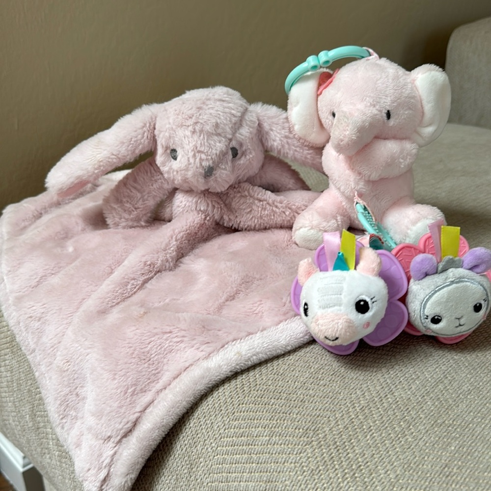 3 Baby girl toys and small blanket